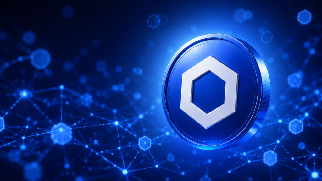 Chainlink token displayed over a decentralized blockchain network background representing smart contract connectivity and oracle infrastructure