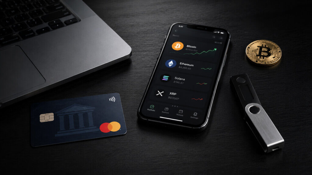 Crypto portfolio app displaying Bitcoin, Ethereum, Solana, and XRP alongside a hardware wallet and payment card representing digital asset investing and storage