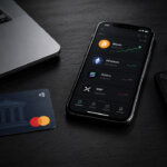 Crypto portfolio app displaying Bitcoin, Ethereum, Solana, and XRP alongside a hardware wallet and payment card representing digital asset investing and storage
