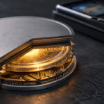 Abstract crypto token embedded inside a futuristic digital chip device representing blockchain-based assets and decentralized network technology