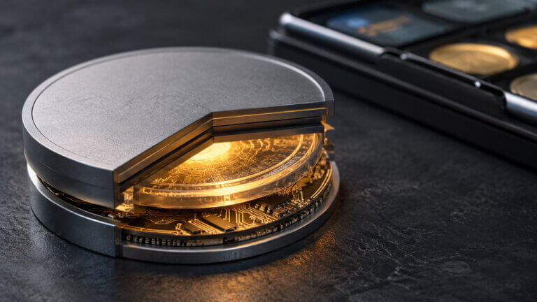 Abstract crypto token embedded inside a futuristic digital chip device representing blockchain-based assets and decentralized network technology