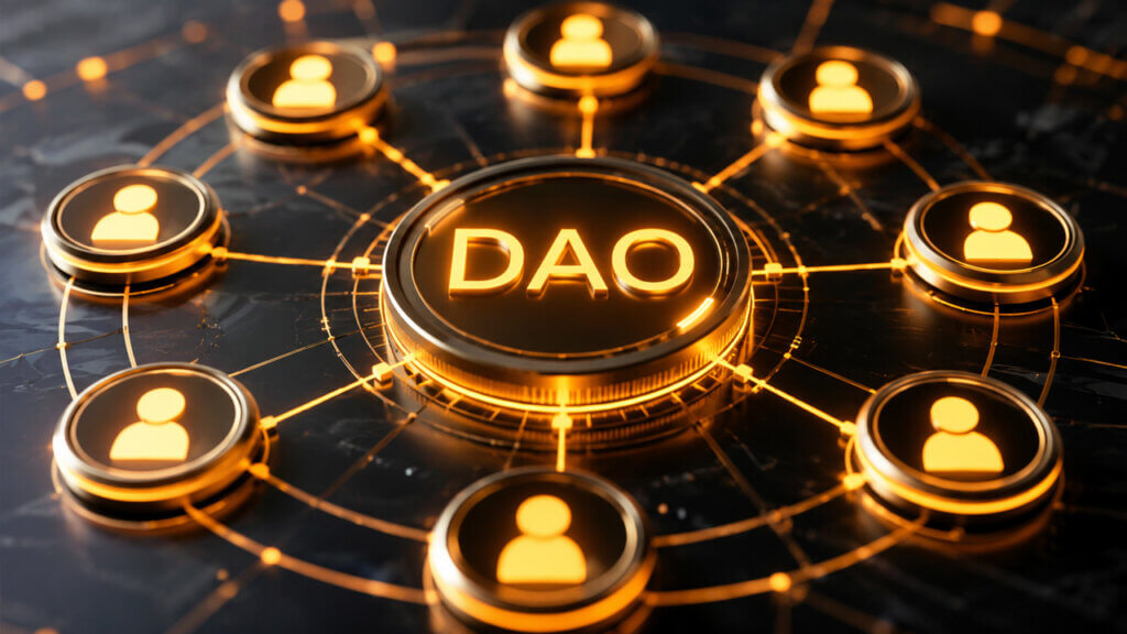 Glowing DAO network interface connecting community members through decentralized blockchain governance and collective decision-making system