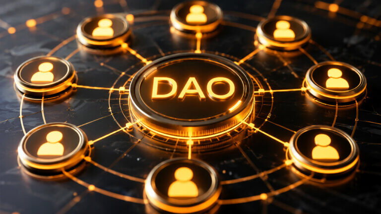 Glowing DAO network interface connecting community members through decentralized blockchain governance and collective decision-making system