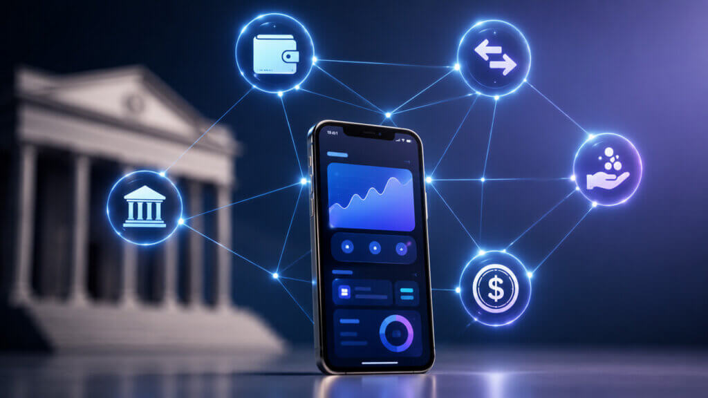 Mobile DeFi app connected to digital finance, payments, lending, and crypto wallet icons representing decentralized finance services without traditional banks