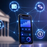 Mobile DeFi app connected to digital finance, payments, lending, and crypto wallet icons representing decentralized finance services without traditional banks