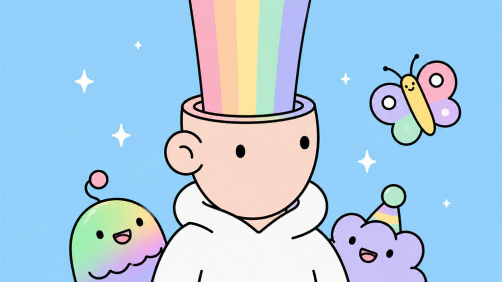 Colorful Doodles NFT character with a rainbow imagination stream surrounded by playful cartoon creatures in a pastel animated art style