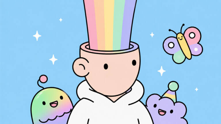 Colorful Doodles NFT character with a rainbow imagination stream surrounded by playful cartoon creatures in a pastel animated art style