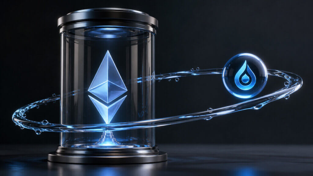 Ethereum symbol and liquid staking token orbiting in a futuristic display representing liquid staking rewards and decentralized finance participation