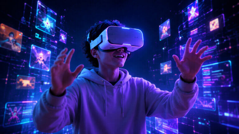 Person using a virtual reality headset inside an immersive digital world representing the metaverse and interactive online experiences