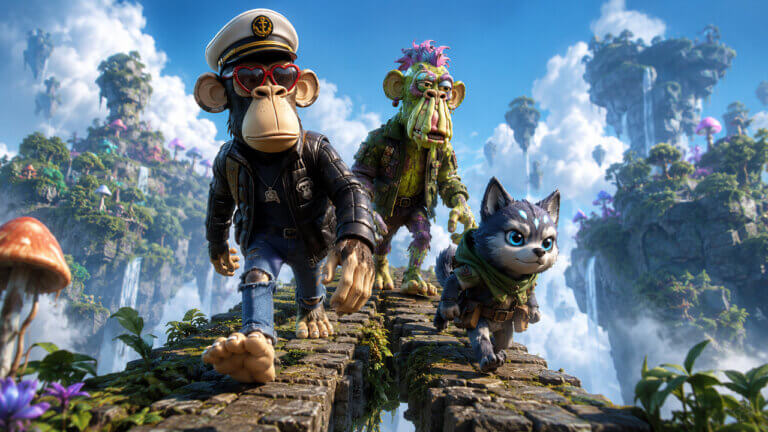 Fantasy Otherside metaverse characters from Yuga Labs crossing a floating jungle bridge inside a colorful NFT-inspired virtual world landscape