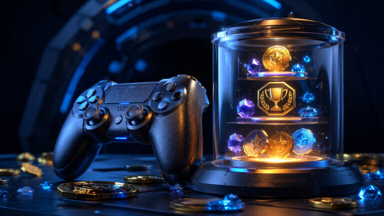 Gaming controller beside glowing crypto rewards and NFT-style tokens representing play-to-earn gaming economies and blockchain-based digital assets