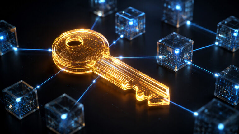 Digital public key connected across a blockchain network illustrating how public key cryptography secures cryptocurrency transactions and wallets