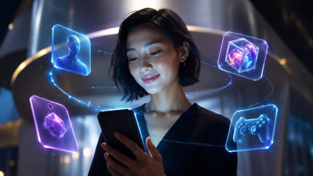 Woman using a smartphone surrounded by digital identity, gaming, NFT, and blockchain interface icons representing the decentralized applications and user ownership model of Web3