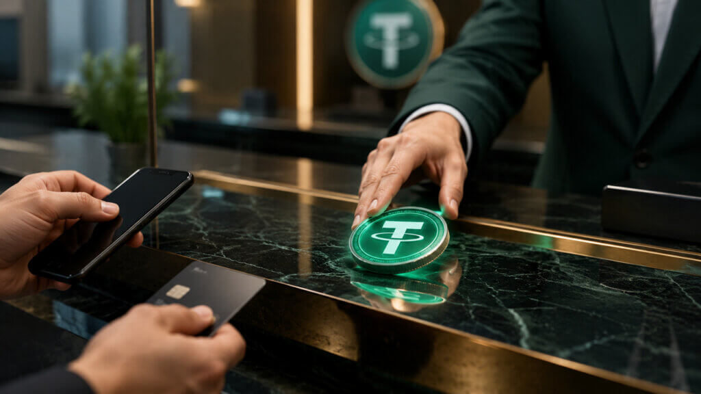 Customer buying USDT stablecoin using bank card and mobile wallet at a crypto payment counter