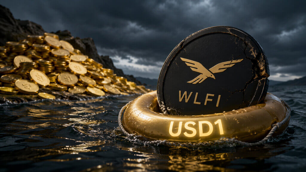 Cracked WLFI token floating on a fragile USD1 life ring beside piles of abandoned stablecoins under stormy market conditions and liquidity concerns