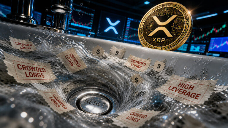 XRP coin above a draining leverage reset system washing away crowded long positions while XRP price remains stable after market liquidations