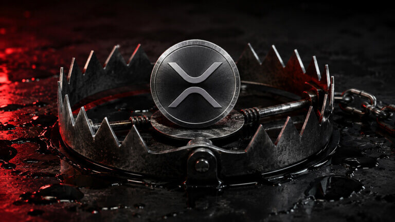 XRP token positioned inside a steel bear trap symbolizing rising leverage risk and tightening crypto market liquidity amid volatility fears