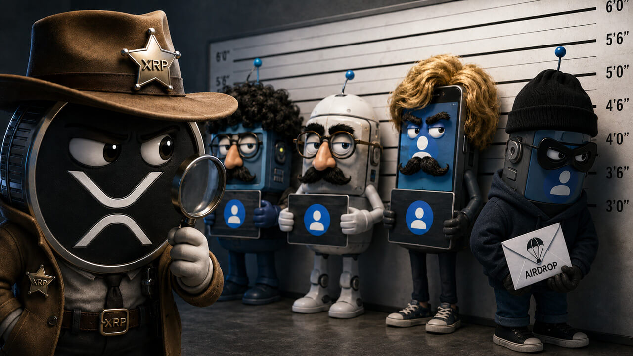 XRP-themed characters line up in a police-style mugshot scene as a sheriff investigates an airdrop scam.