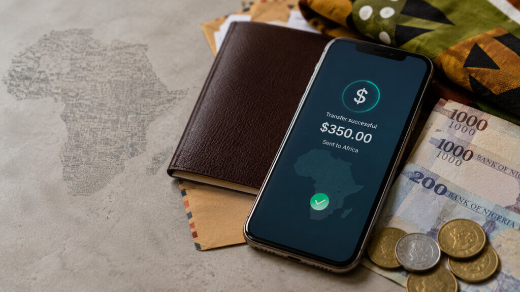 Mobile money transfer confirmation beside African currency and travel documents, illustrating how crypto and digital payments are transforming remittances across Africa despite increasing regulatory scrutiny.