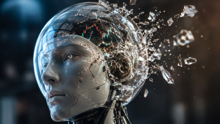 Humanoid AI robot with a transparent glass head shattering apart, revealing stock market charts and circuitry inside, symbolizing concerns over a potential AI bubble burst and investor uncertainty in 2026.