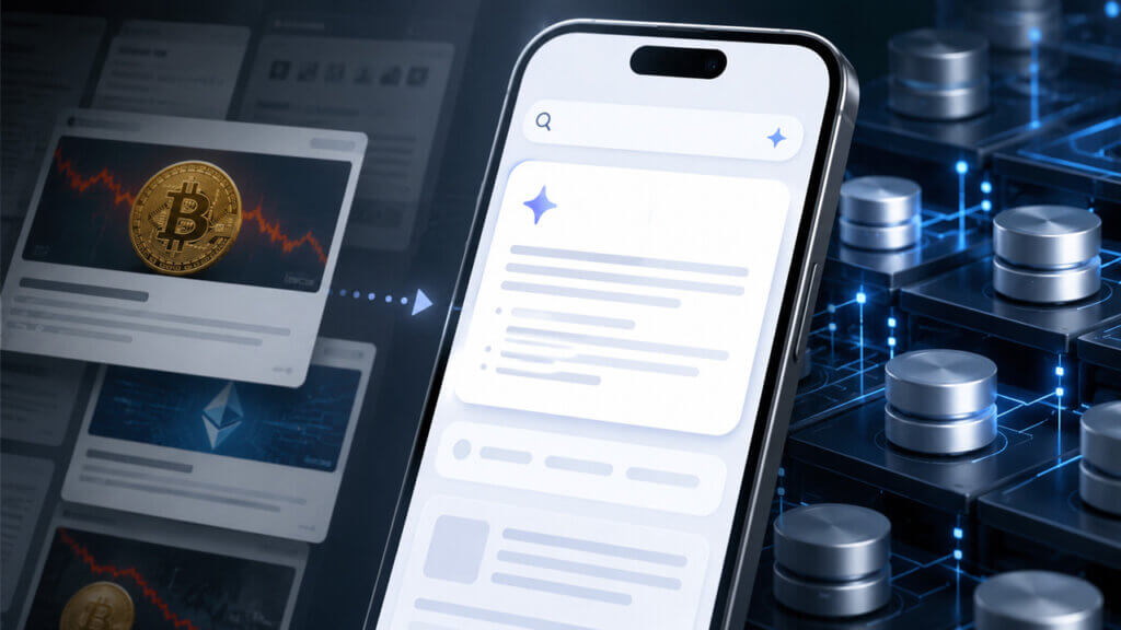 AI-generated news feed displaying crypto market content on a smartphone, illustrating how AI-powered distribution is increasing competition over trusted data, attribution, and accuracy in crypto media.