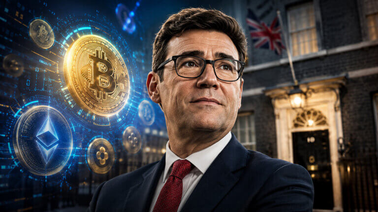 Portrait illustration of Andy Burnham in a suit with a glowing Bitcoin symbol and digital financial graphics in the background, representing UK politics, cryptocurrency markets, and digital asset policy.