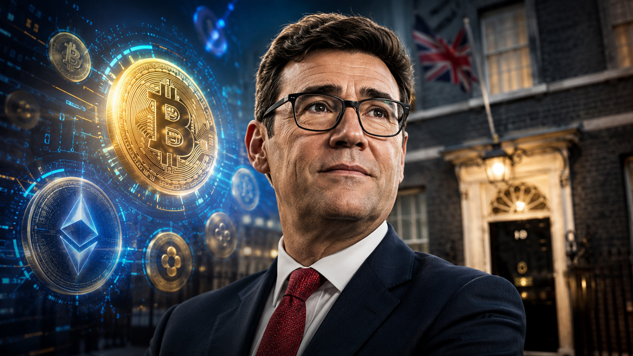 Portrait illustration of Andy Burnham in a suit with a glowing Bitcoin symbol and digital financial graphics in the background, representing UK politics, cryptocurrency markets, and digital asset policy.