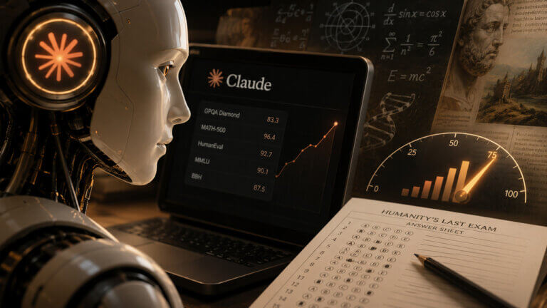 Claude AI robot beside benchmark charts and an exam sheet, representing the Polymarket prediction market for Humanity’s Last Exam scores, June 30 scenarios, volume, liquidity, and AI performance signals.