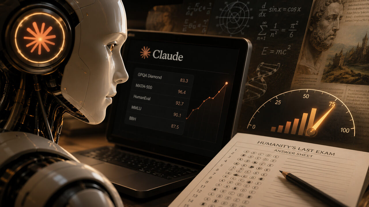 Claude AI robot beside benchmark charts and an exam sheet, representing the Polymarket prediction market for Humanity’s Last Exam scores, June 30 scenarios, volume, liquidity, and AI performance signals.