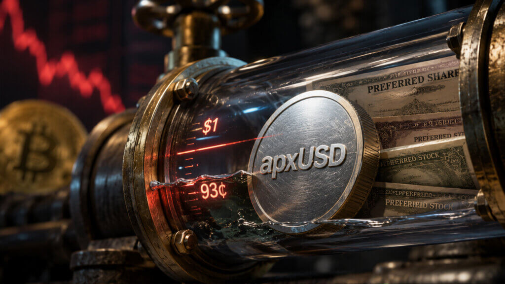 apxUSD token trapped inside a transparent financial pipeline as its value slips below one dollar, illustrating reserve concerns and stablecoin price instability.