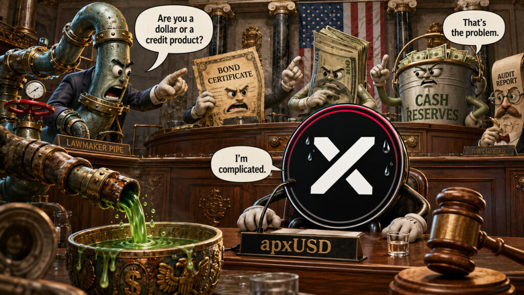 Cartoon of an apxUSD token in court over dollar peg and reserve concerns