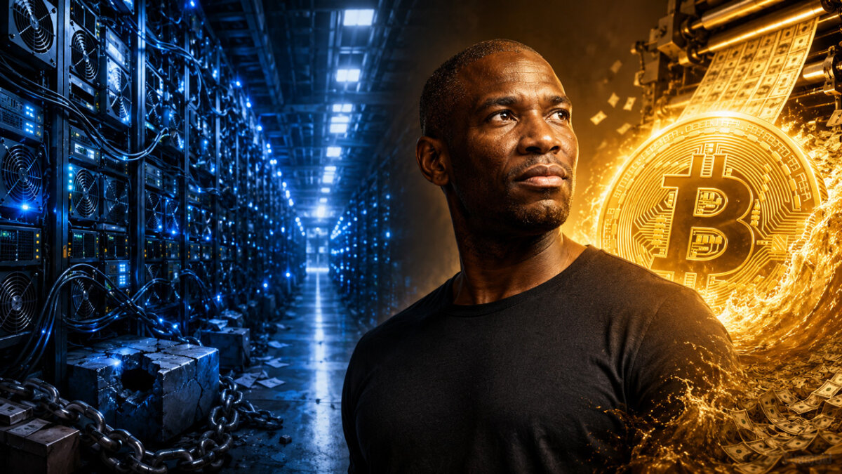 Arthur Hayes stands between a vast AI data center and a surging Bitcoin backdrop, illustrating his prediction that massive AI-driven liquidity and investment could propel Bitcoin toward a $1 million valuation.