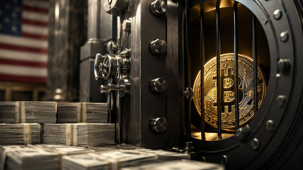 Bitcoin secured behind vault bars beside stacks of cash, symbolizing institutional custody controls and restricted access to digital assets.
