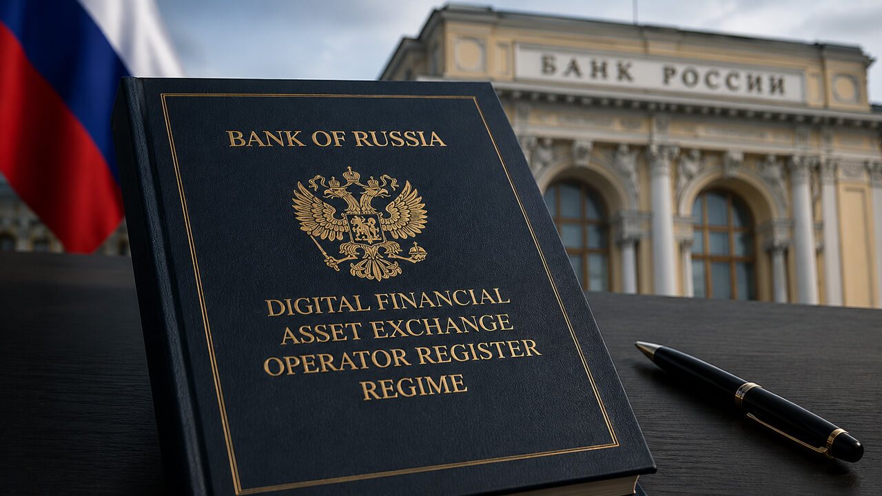 Bank of Russia Digital Financial Asset Exchange Operator Register represented by official registry documentation outside the Bank of Russia headquarters, highlighting the licensing and registration framework for digital financial asset exchange operators, regulated digital asset trading platforms and central bank oversight of Russia’s digital asset market.