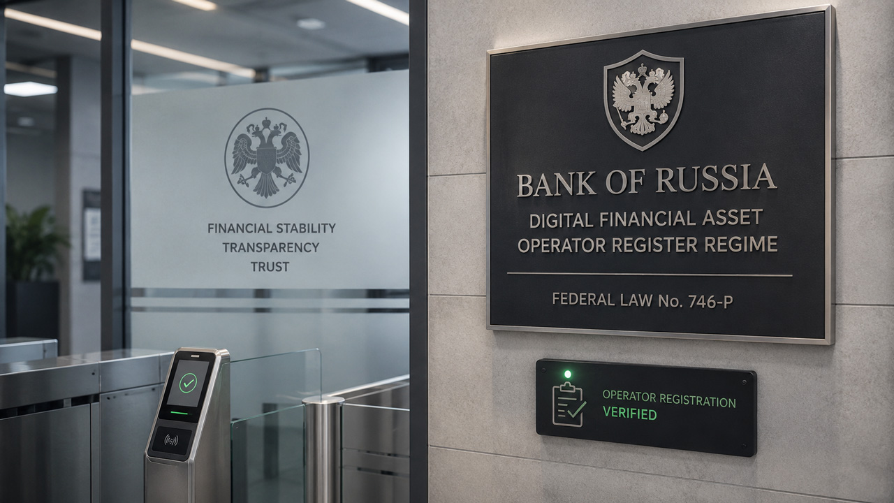 Bank of Russia Digital Financial Asset Operator Register Regime represented by a verified registration framework and regulated access controls, highlighting Federal Law No. 746-P requirements for digital financial asset operators, registration procedures, regulatory oversight, transparency standards and compliance within Russia’s digital asset market.