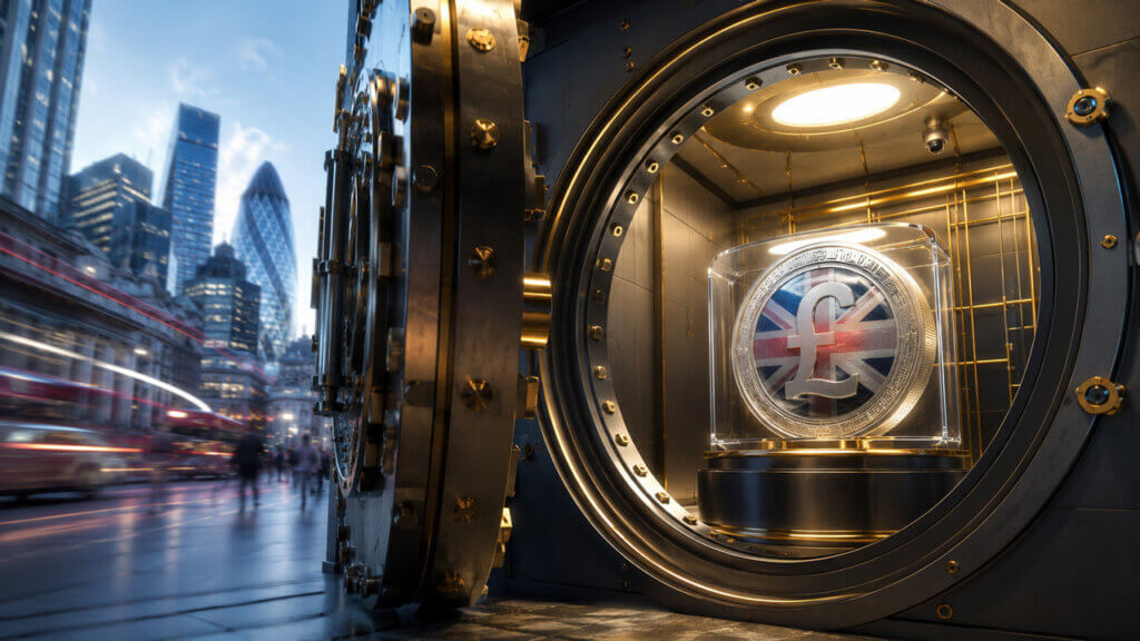 Bank vault door opening to reveal a glowing sterling stablecoin with digital payment symbols.
