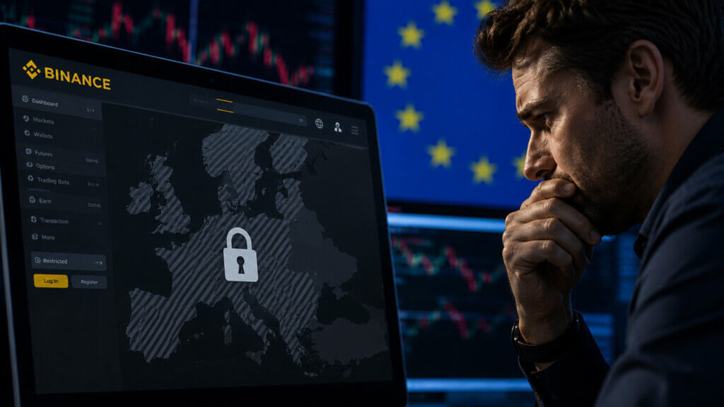 Illustration of a laptop displaying a locked crypto trading interface beside a person, with EU stars in the background representing European market restrictions.