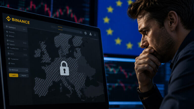 Illustration of a laptop displaying a locked crypto trading interface beside a person, with EU stars in the background representing European market restrictions.