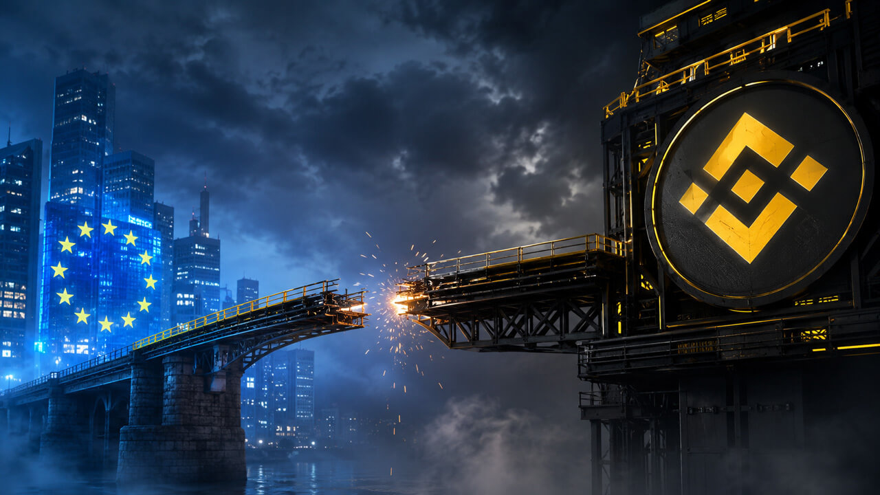 Broken bridge between Binance and the EU financial system, representing regulatory friction, compliance barriers and disrupted crypto market access.