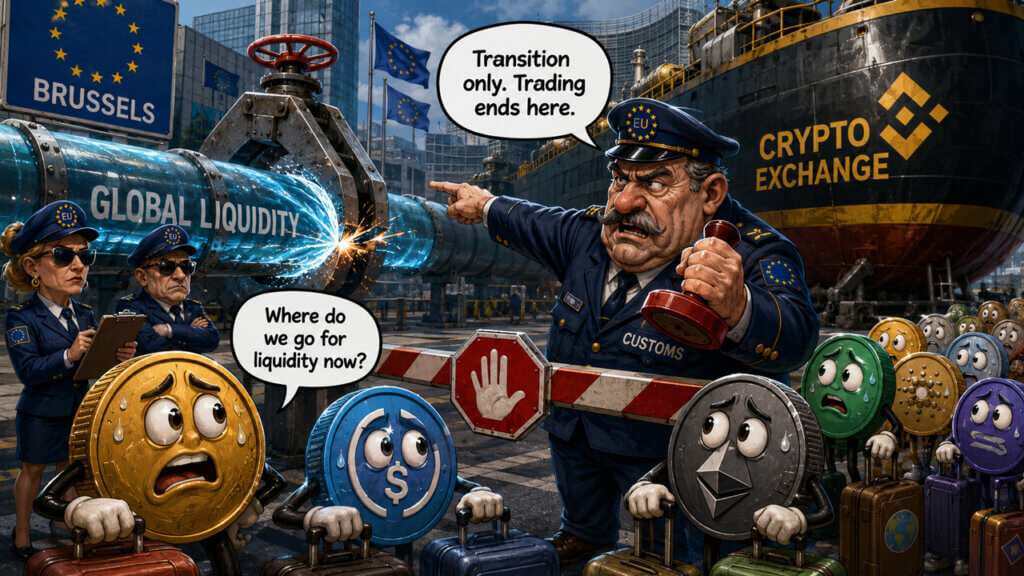 Cartoon of an EU customs officer blocking a global liquidity pipeline leading to a crypto exchange as worried crypto token characters look on.