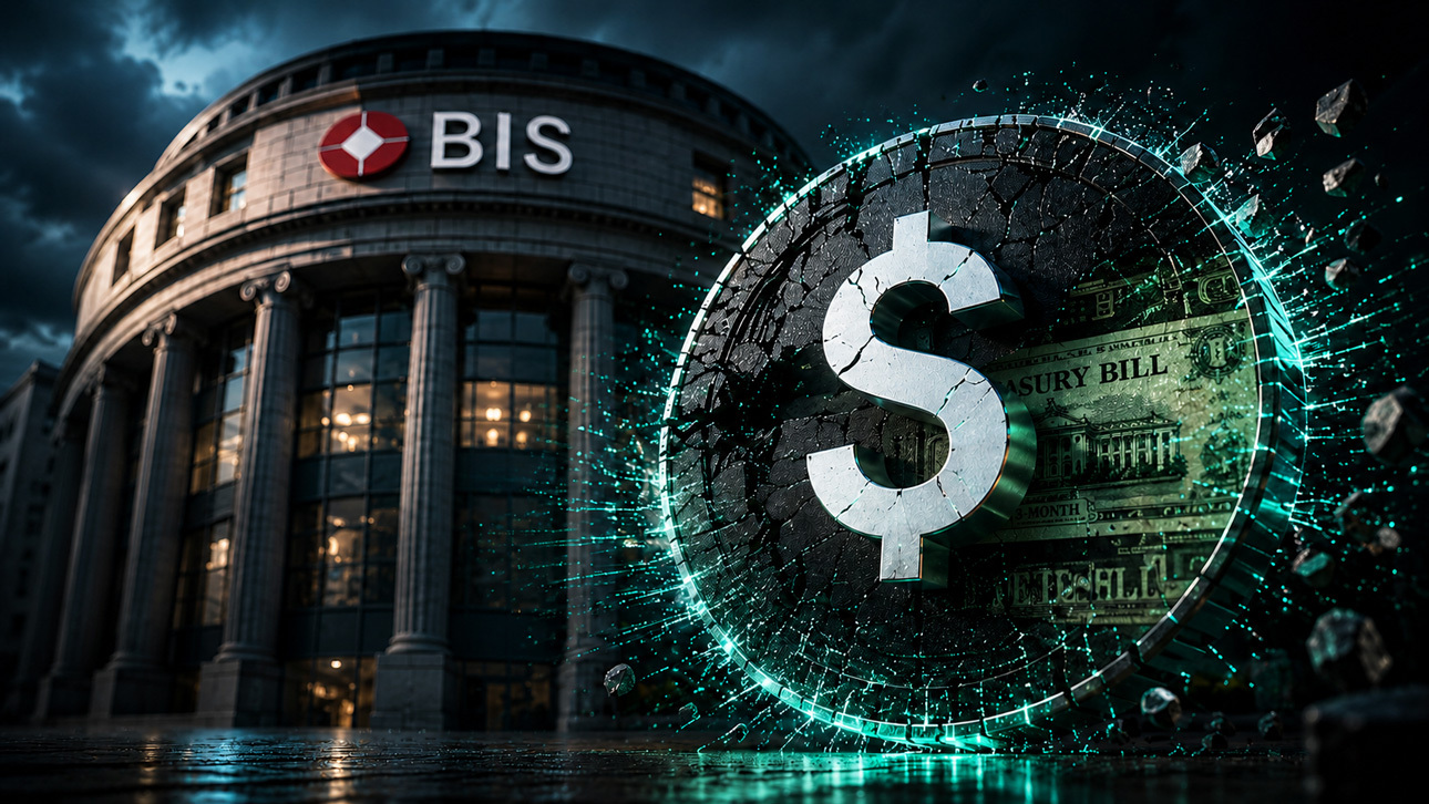Illustration of a dollar stablecoin token over a Bank for International Settlements building, representing stablecoins and Treasury bill market exposure.
