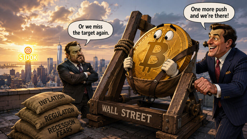 Cartoon Bitcoin coin in a Wall Street catapult aiming for $100K target while traders warn about inflation and recession fears
