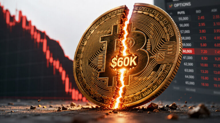 Cracked Bitcoin coin at the $60,000 level with falling price charts and options data in the background, illustrating market stress around key BTC support.