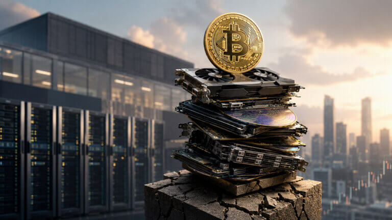 Bitcoin coin in front of stacked AI data center servers representing infrastructure investment and Bitcoin exposure