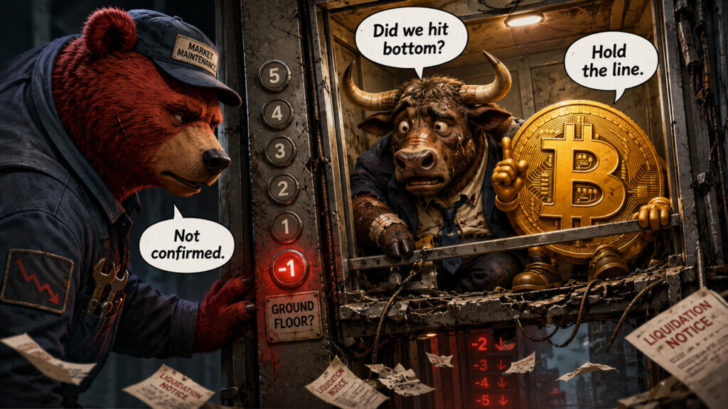 Bear and bull cartoon showing Bitcoin’s bottom-confirmation levels.