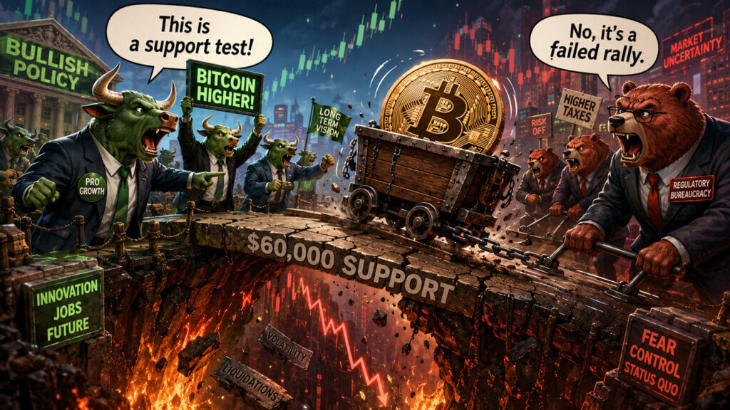 Cartoon Bitcoin bull and bear standoff over $60,000 support level on a volatile price chart
