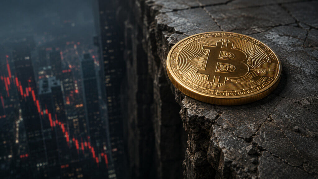 Bitcoin perched on the edge of a cliff above a falling market chart, symbolizing the struggle to break above $64,000 and the risk of a deeper price correction.