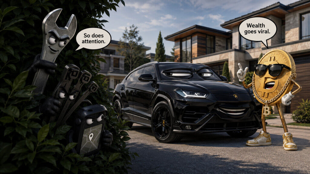 Cartoon Bitcoin figure with a luxury SUV and masked attacker illustrating crypto wrench-attack risks