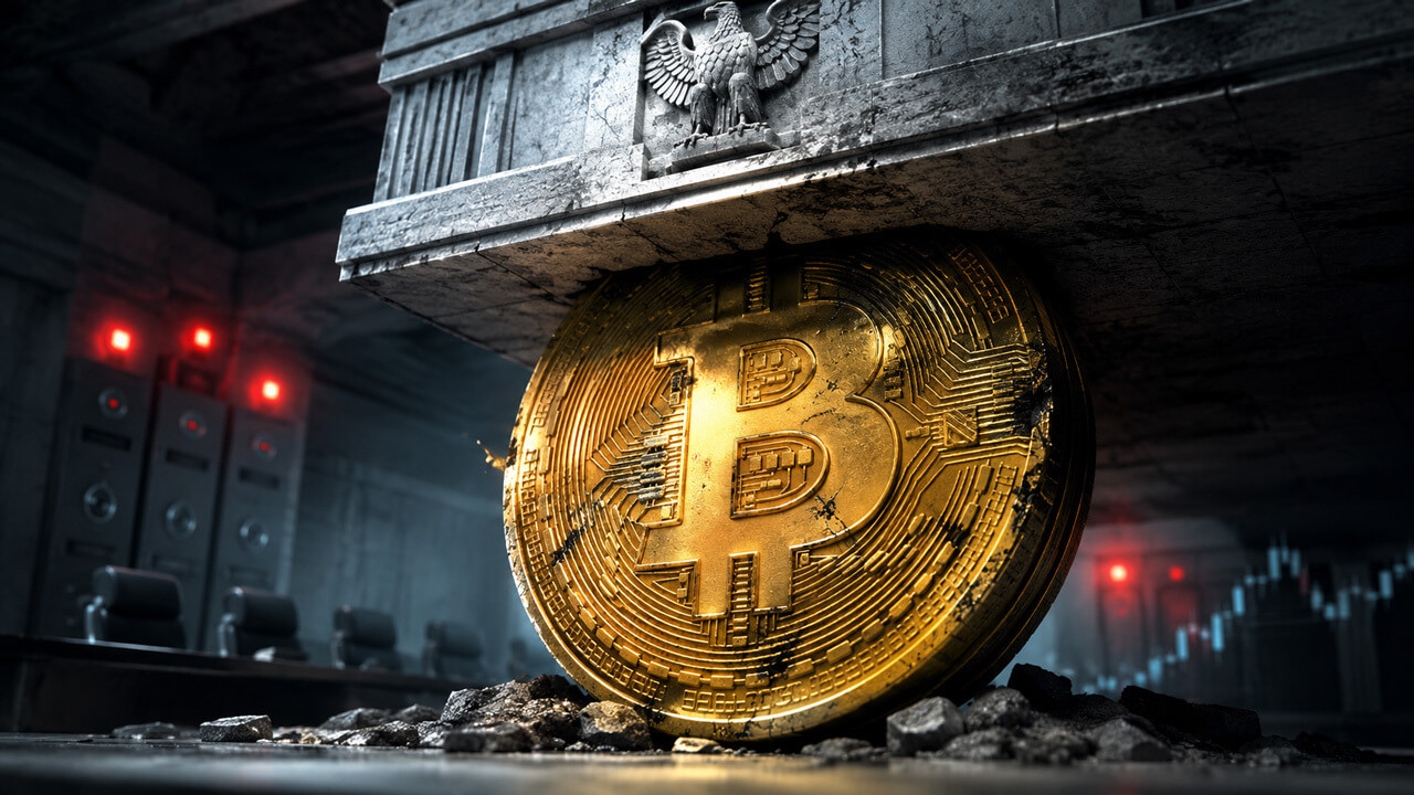 Bitcoin coin being crushed beneath a concrete slab to illustrate Bitcoin price pressure from Federal Reserve policy.