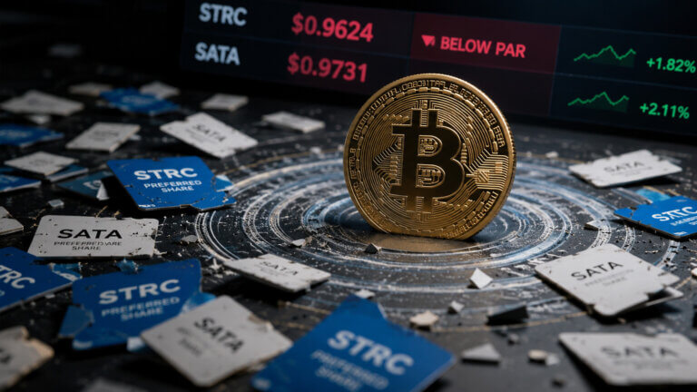 Bitcoin coin surrounded by STRC and SATA preferred shares trading below par, illustrating margin call pressure and stress in the Bitcoin-backed digital credit yield market.